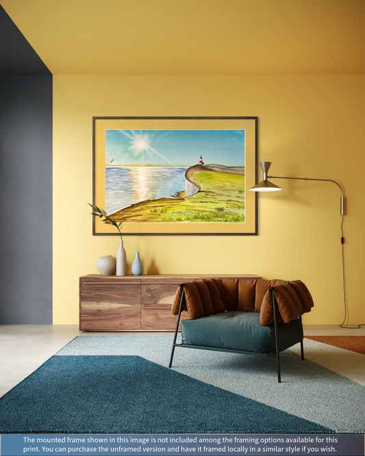 Modern living room with a painting of a lighthouse on a yellow wall.