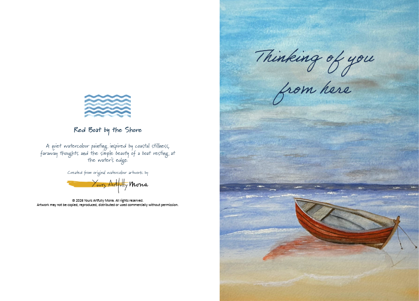 Red Boat by the Shore - Thinking of You - A6 Greeting Cards with envelopes