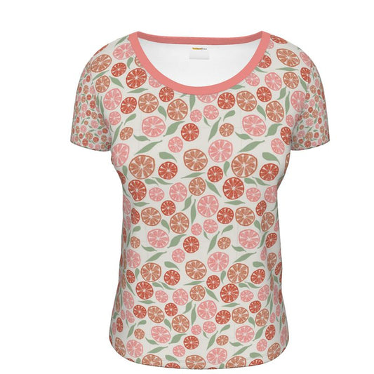 T-shirt with a colorful fruit pattern on a white background