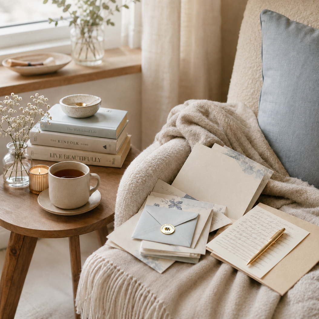 A cozy indoor scene with a cream knit blanket draped over a chair, a small side table with a cup of tea, stacked books, envelopes, stationery, and a candle near a window.