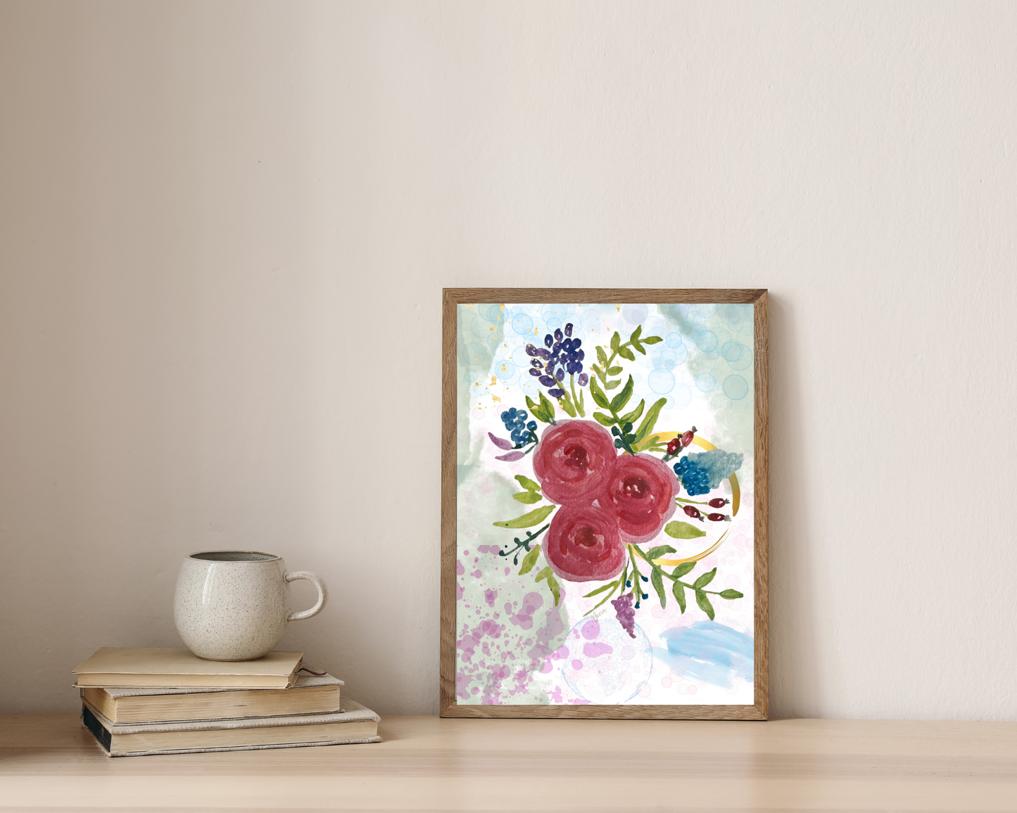 Watercolour Rose & Botanical Bouquet in Wooden Frame