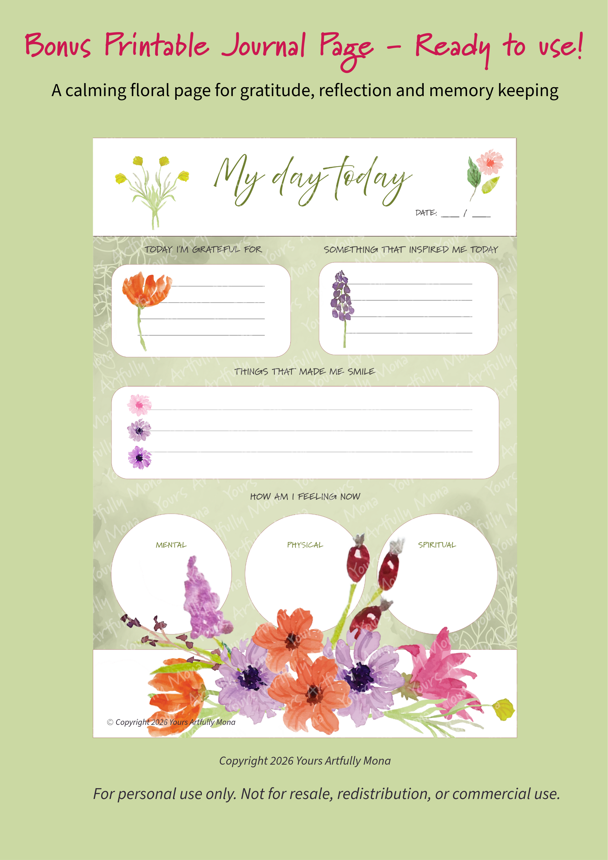Floral journal page design with text on a green background