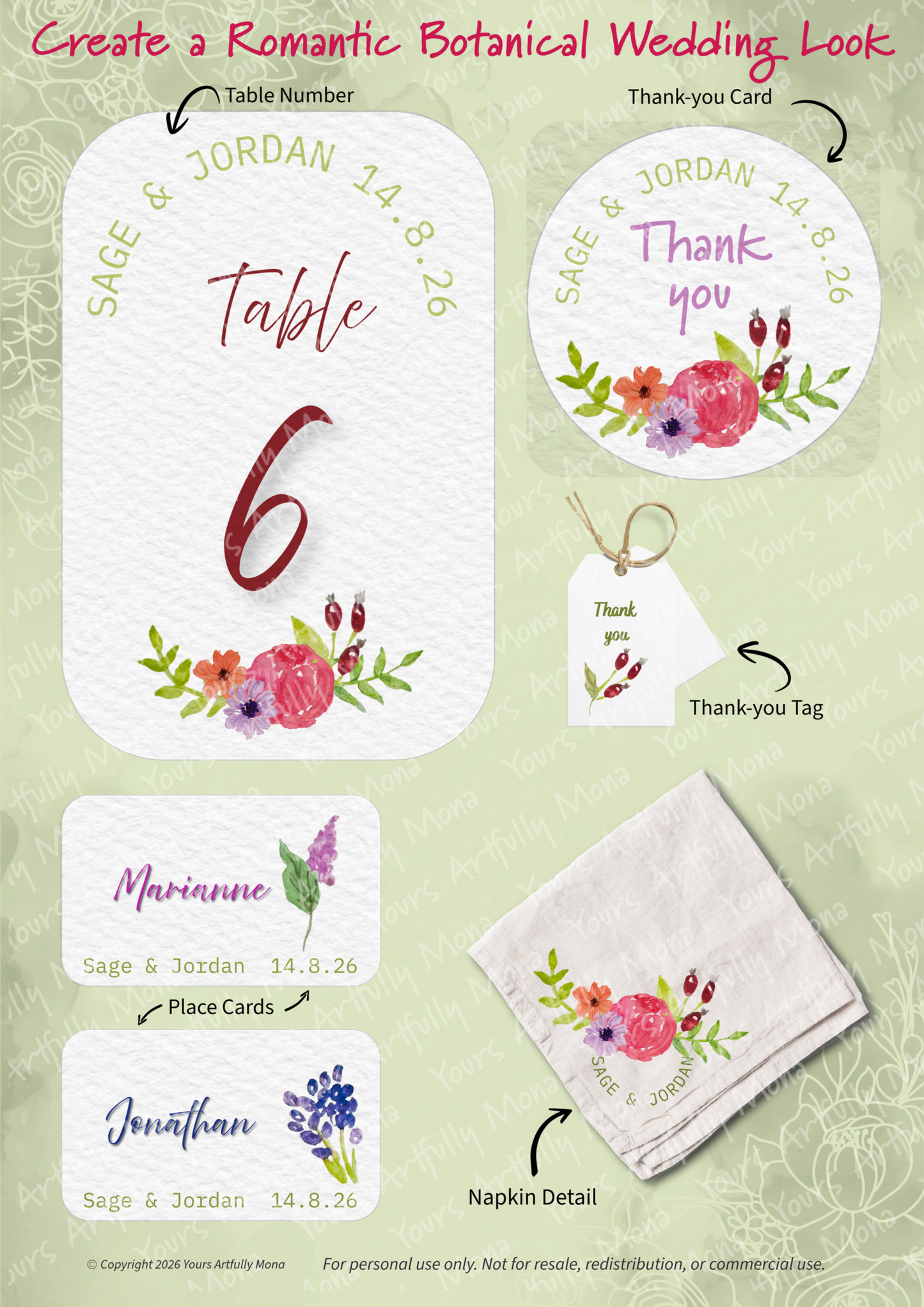 Set of wedding stationery items including table number, thank you card, place cards, and napkin with floral designs on a green background.