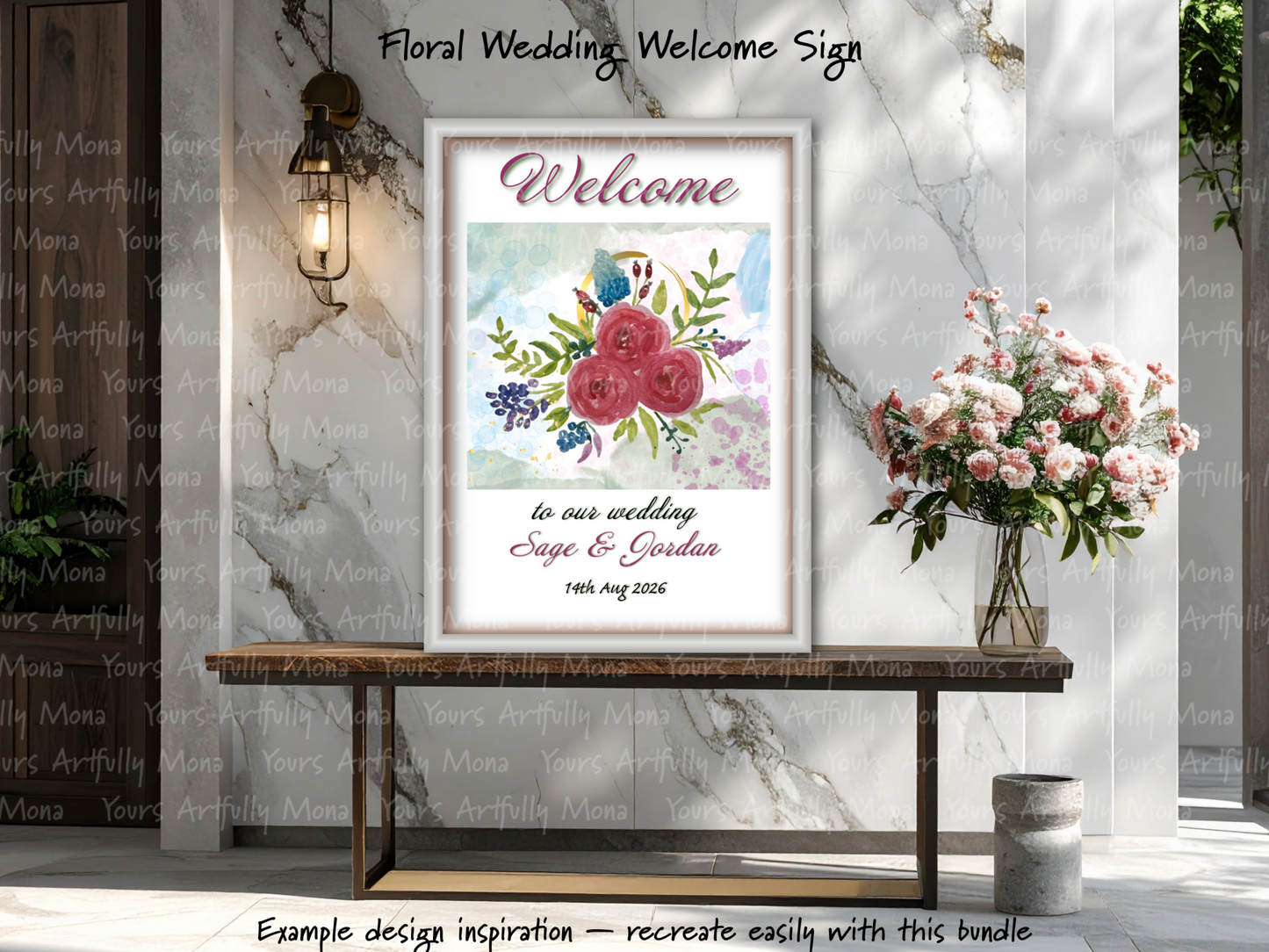 Floral wedding welcome sign with flowers on a marble wall background