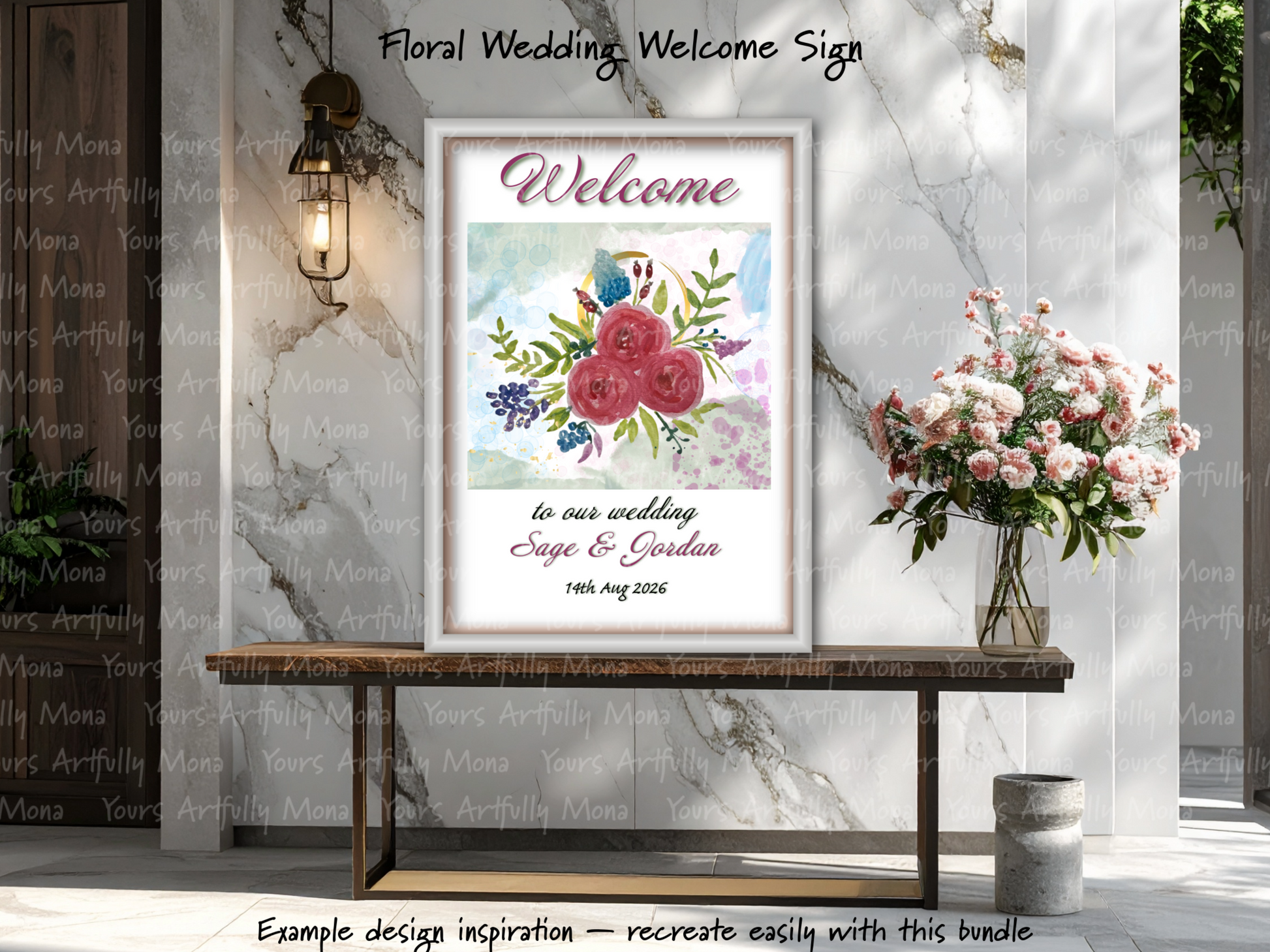 Floral wedding welcome sign with flowers on a marble wall background