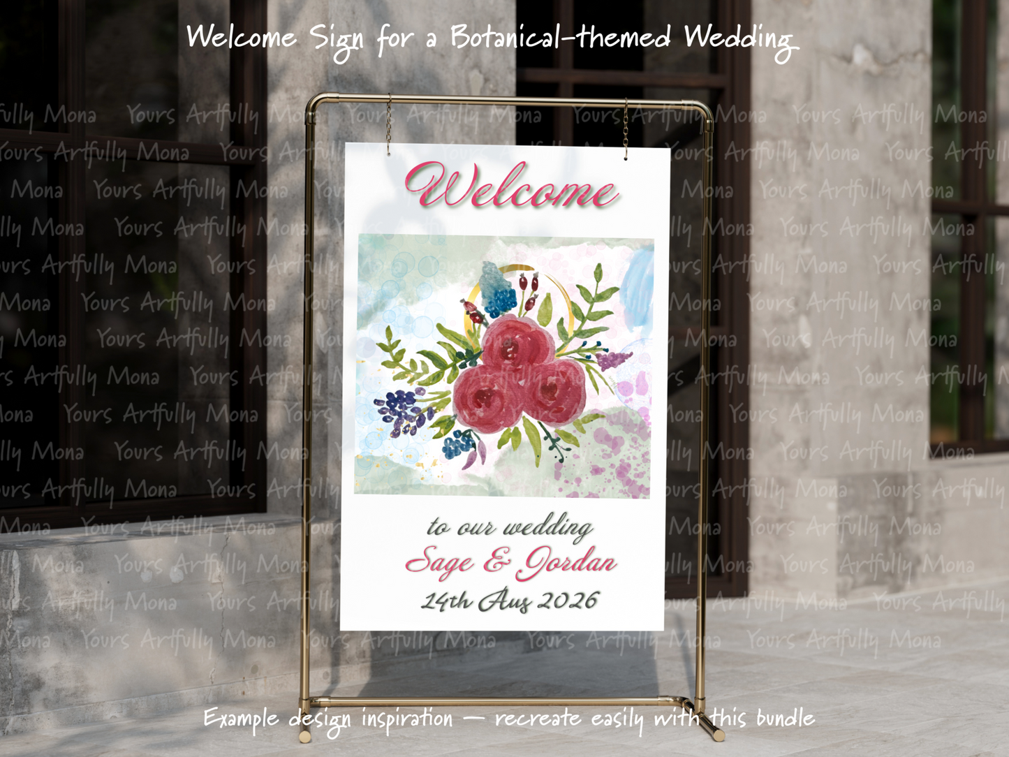 Wedding welcome sign with floral design and personalized text on a stand.