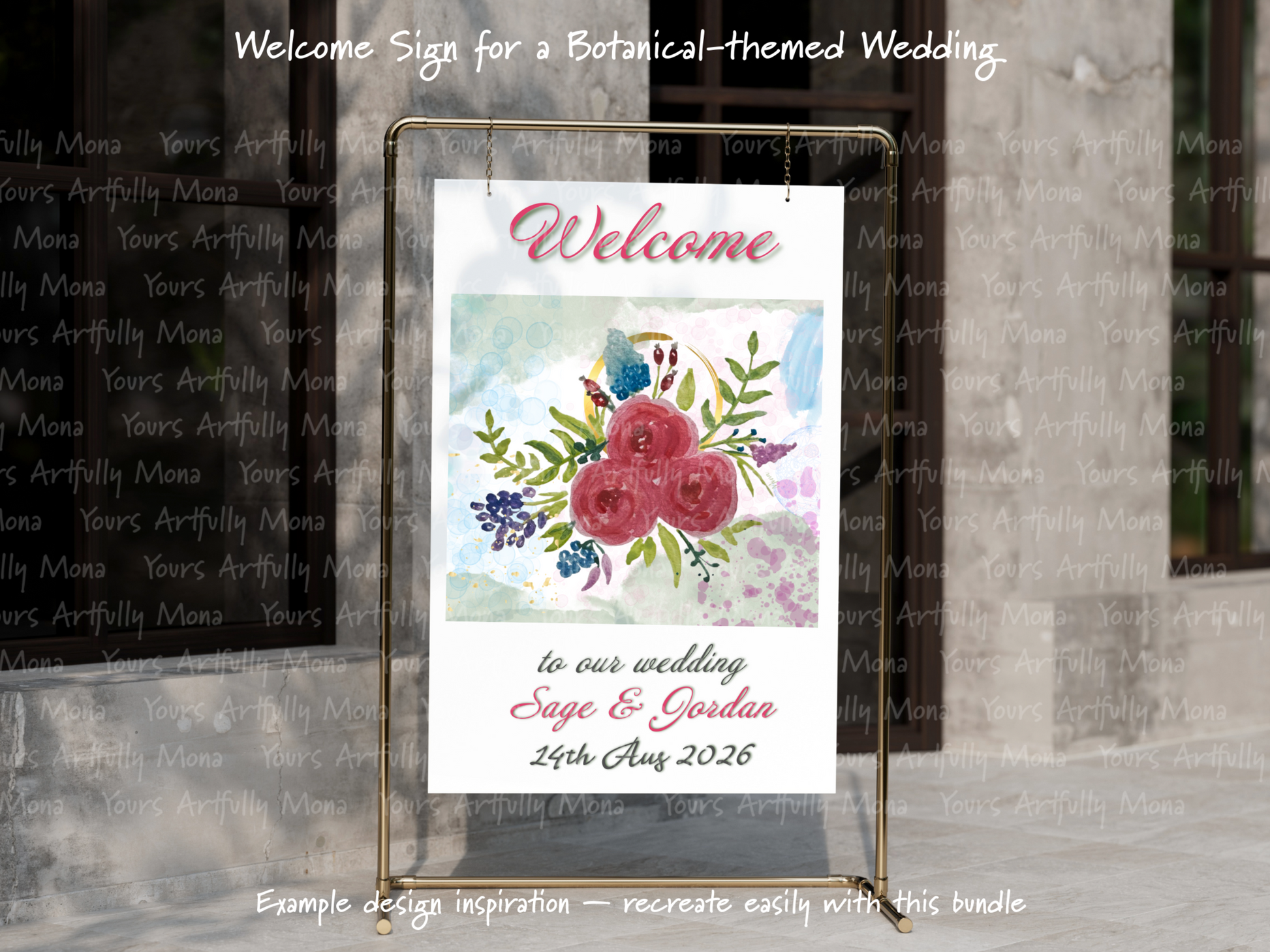 Wedding welcome sign with floral design and personalized text on a stand.