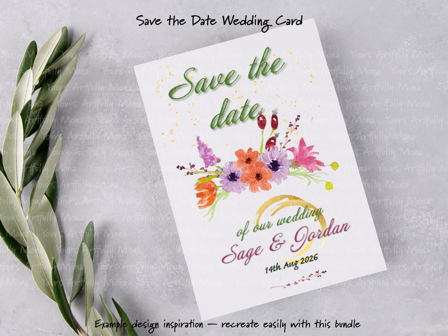 Save the Date wedding card with floral design on a gray background