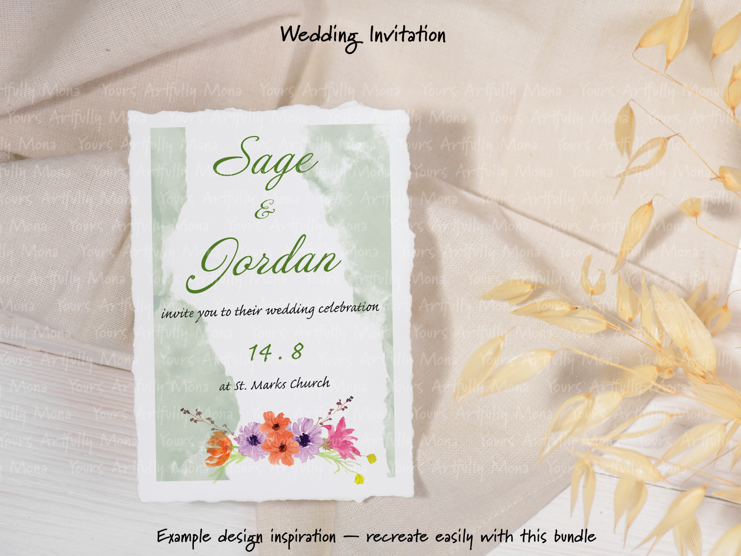 Wedding invitation card with floral design on a textured fabric background