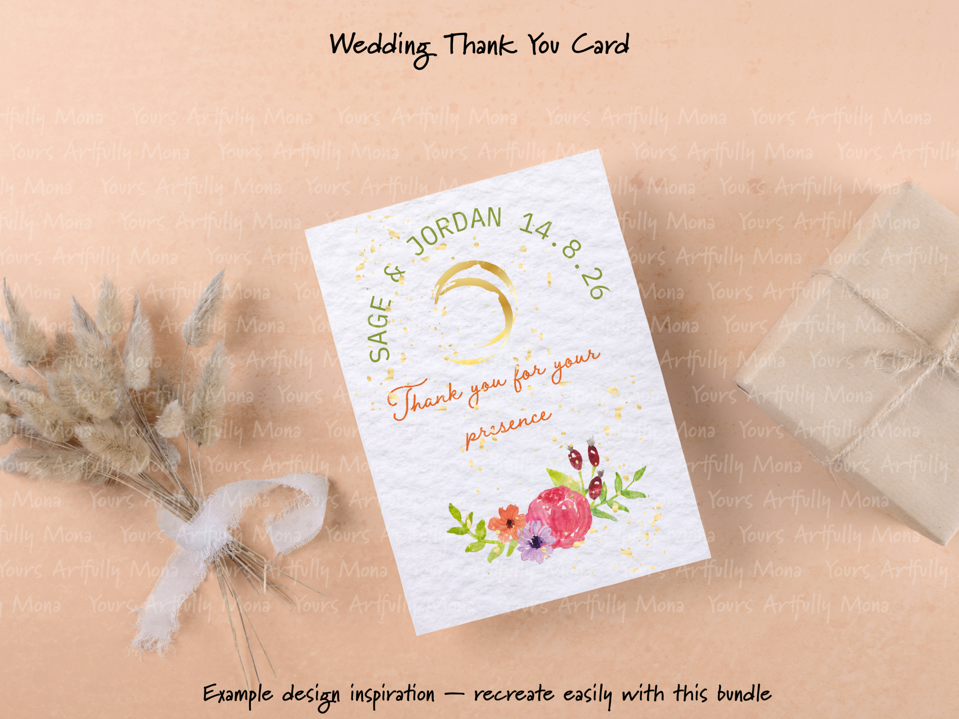 Wedding thank you card with floral design on a beige background