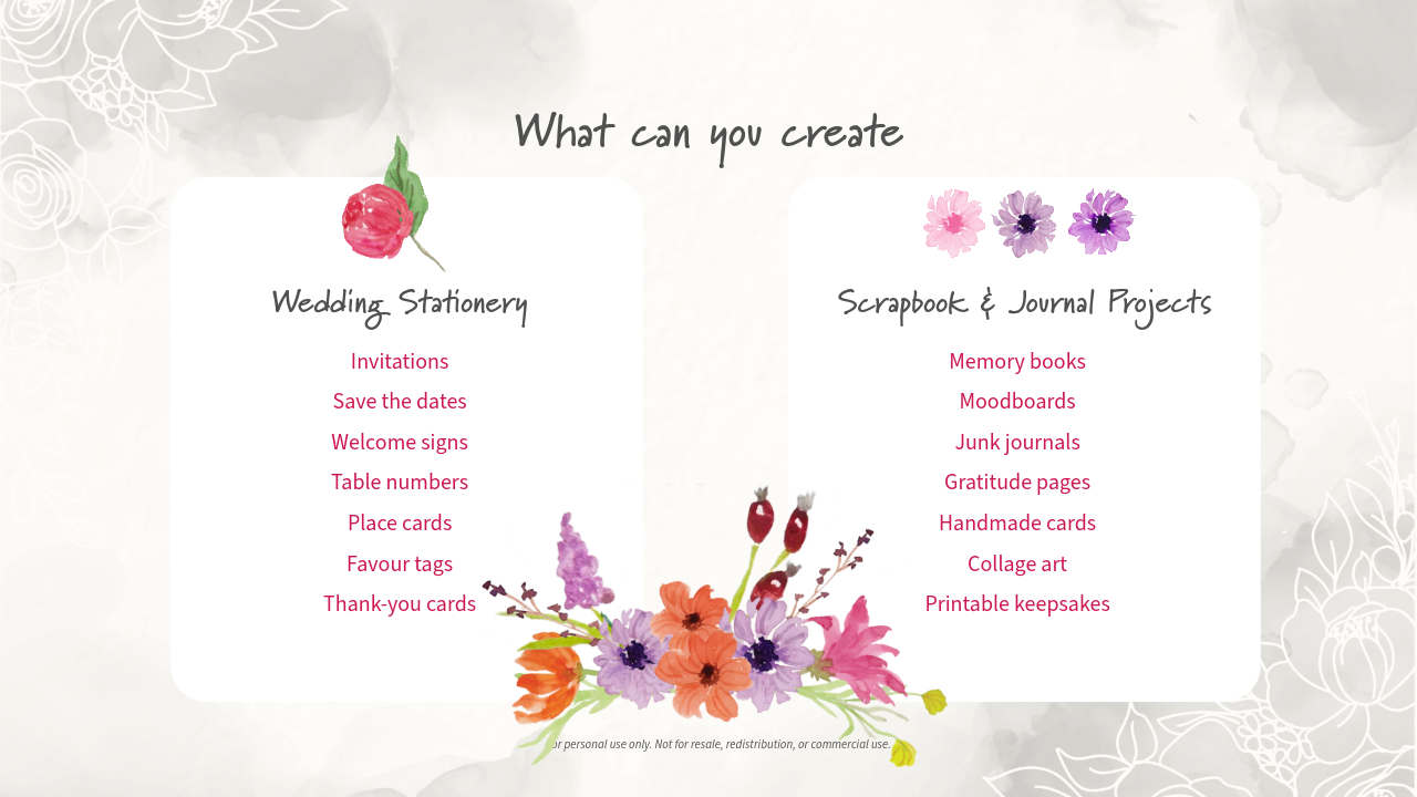 Promotional graphic for wedding stationery and scrapbook projects with floral designs and text.