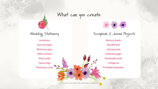 Promotional graphic for wedding stationery and scrapbook projects with floral designs and text.