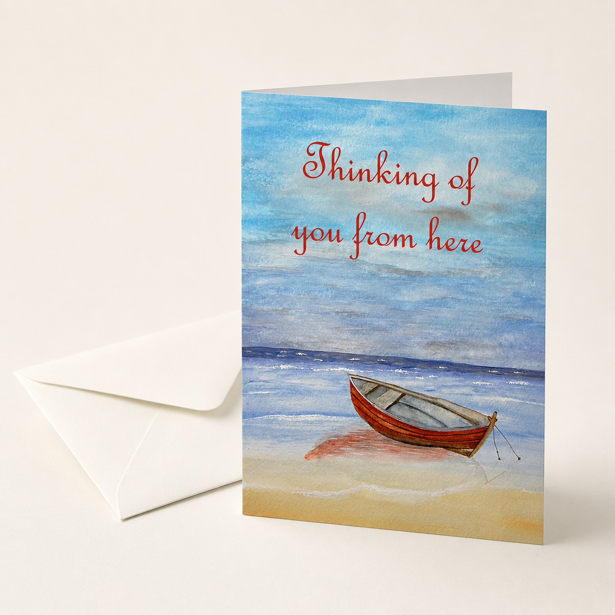 Thinking of You from Here Greeting Cards – Red Boat by the Shore, Pack of 10