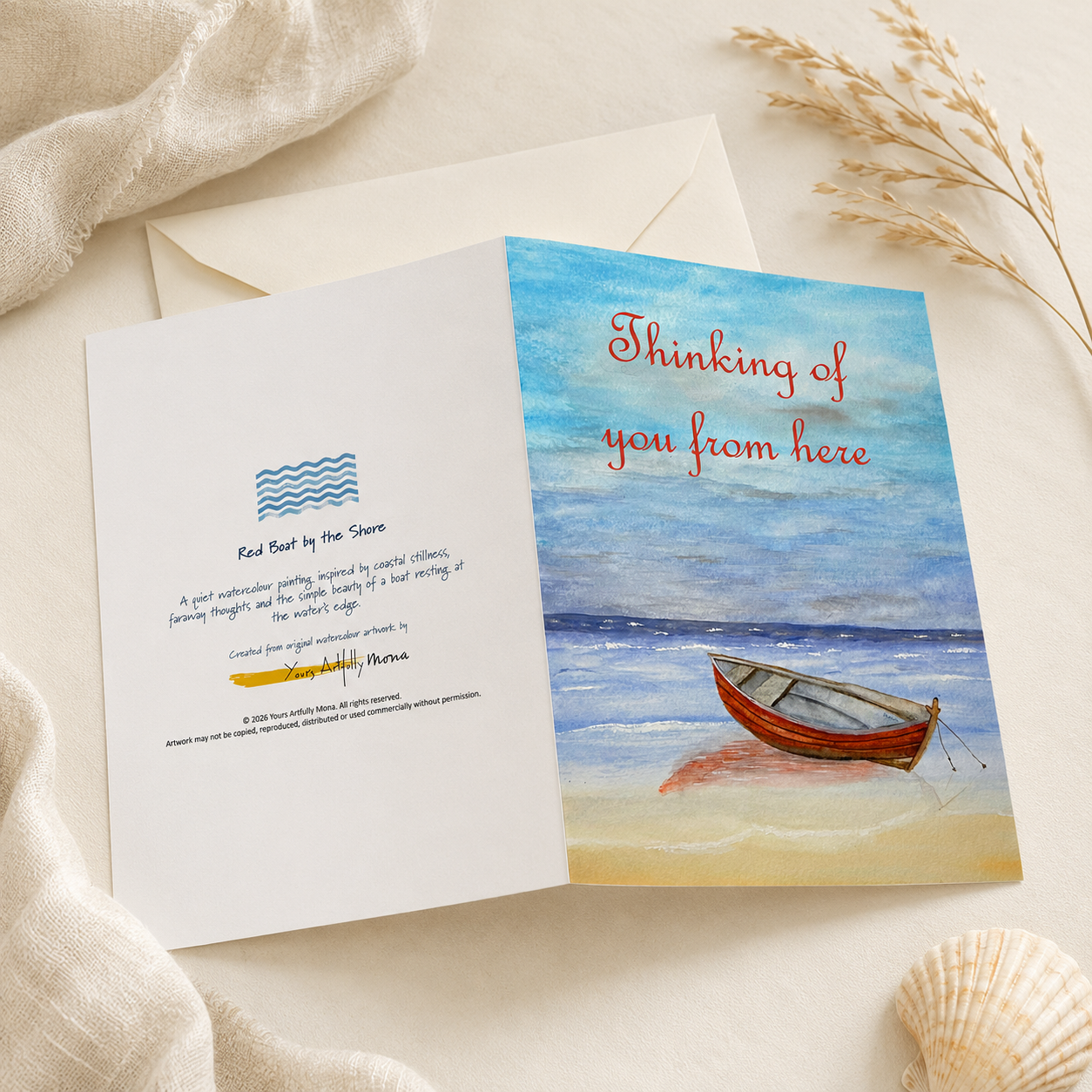 Thinking of You from Here Greeting Cards – Red Boat by the Shore, Pack of 10