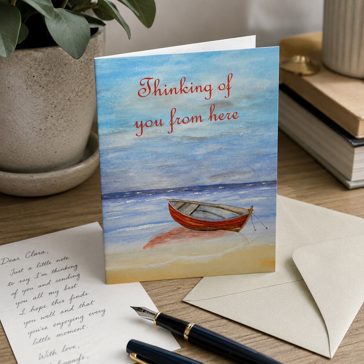 Thinking of You from Here Greeting Cards – Red Boat by the Shore, Pack of 10