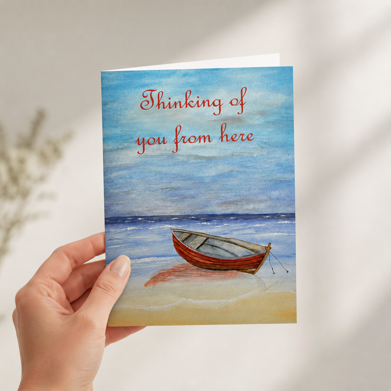 Thinking of You from Here Greeting Cards – Red Boat by the Shore, Pack of 10