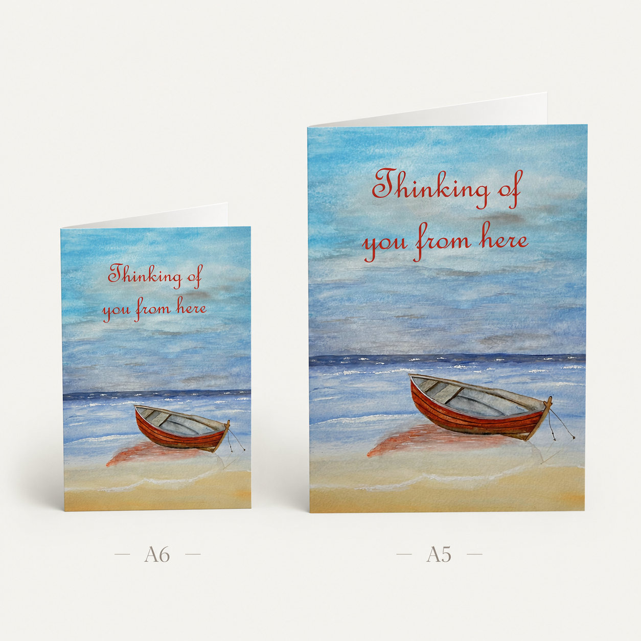 Thinking of You from Here Greeting Cards – Red Boat by the Shore, Pack of 10
