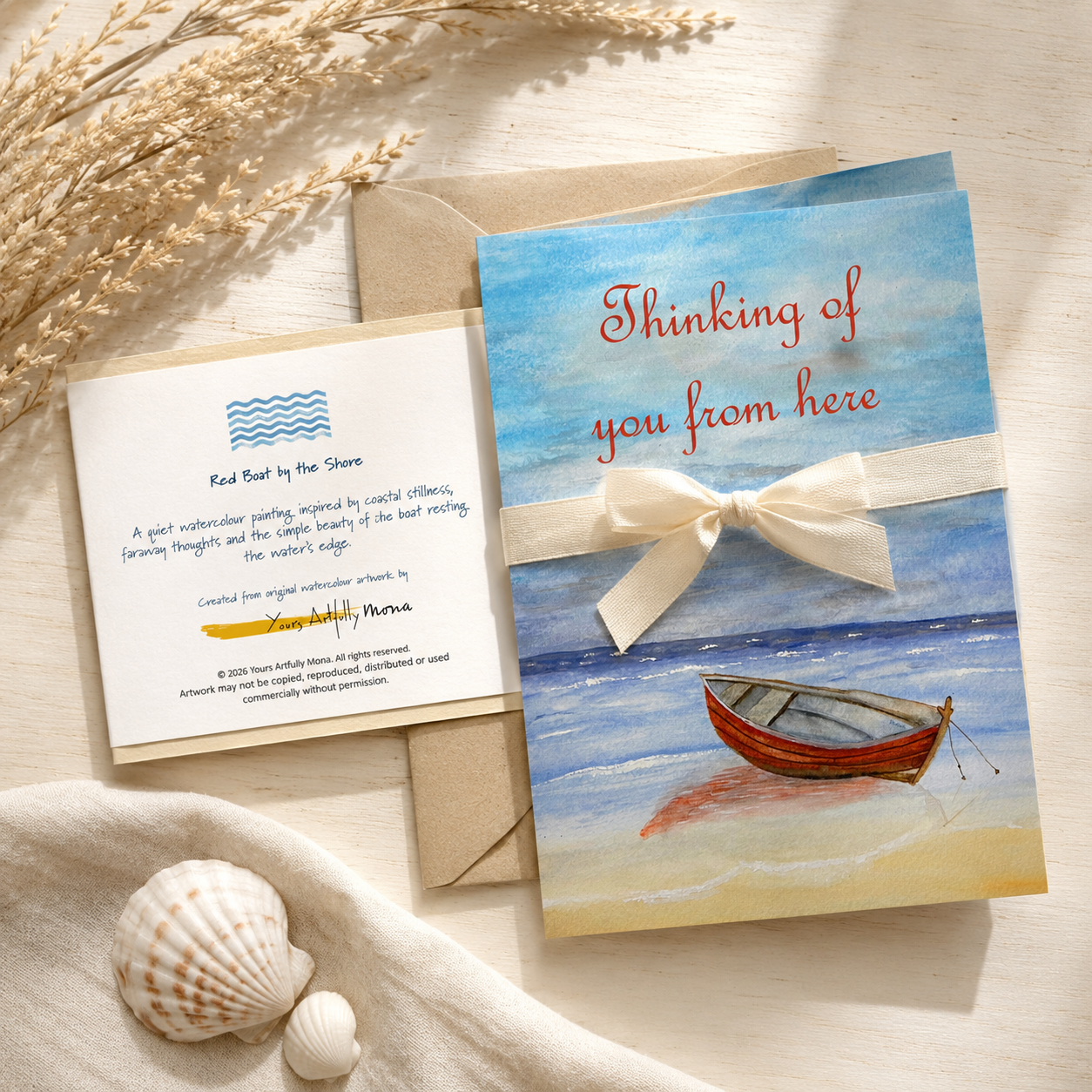 Thinking of You from Here Greeting Cards – Red Boat by the Shore, Pack of 10