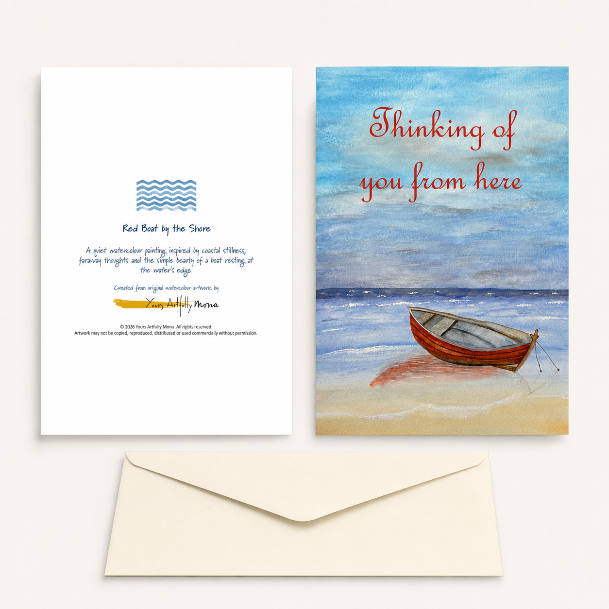 Thinking of You from Here Greeting Cards – Red Boat by the Shore, Pack of 10