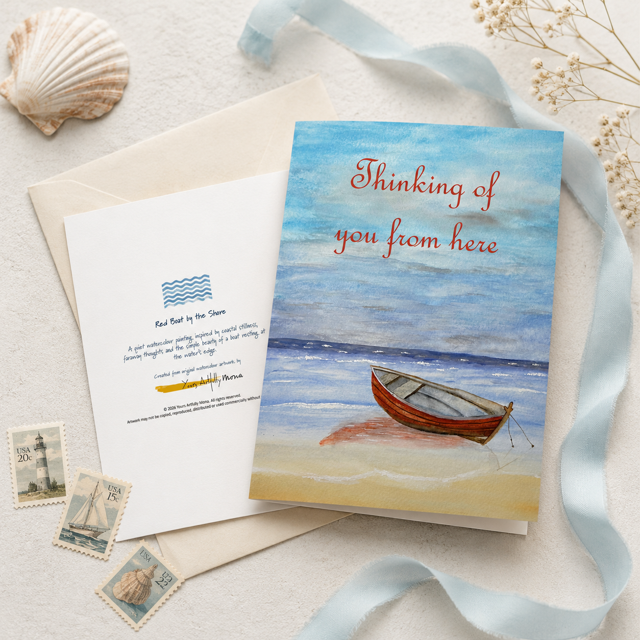 Thinking of You from Here Greeting Cards – Red Boat by the Shore, Pack of 10
