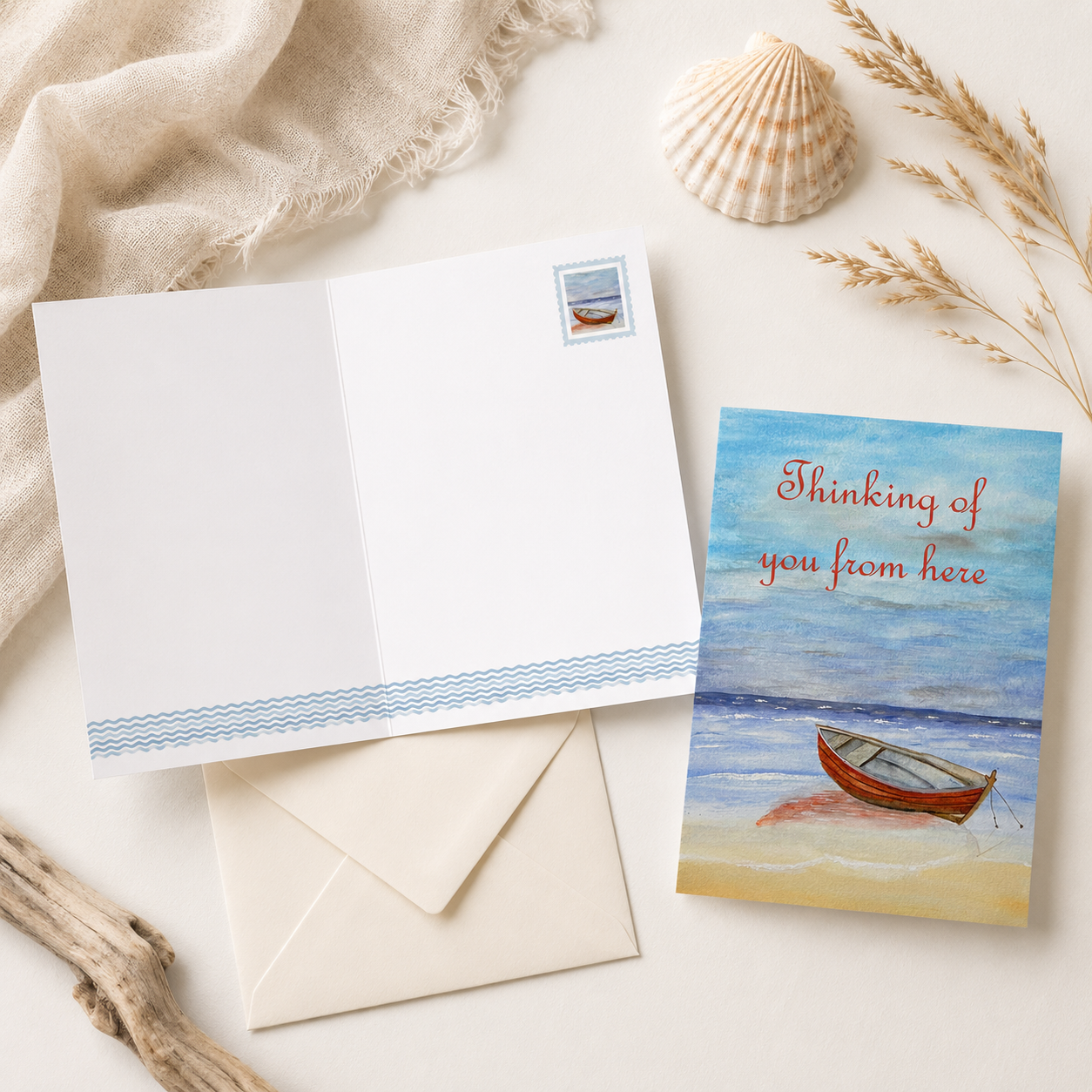 Thinking of You from Here Greeting Cards – Red Boat by the Shore, Pack of 10