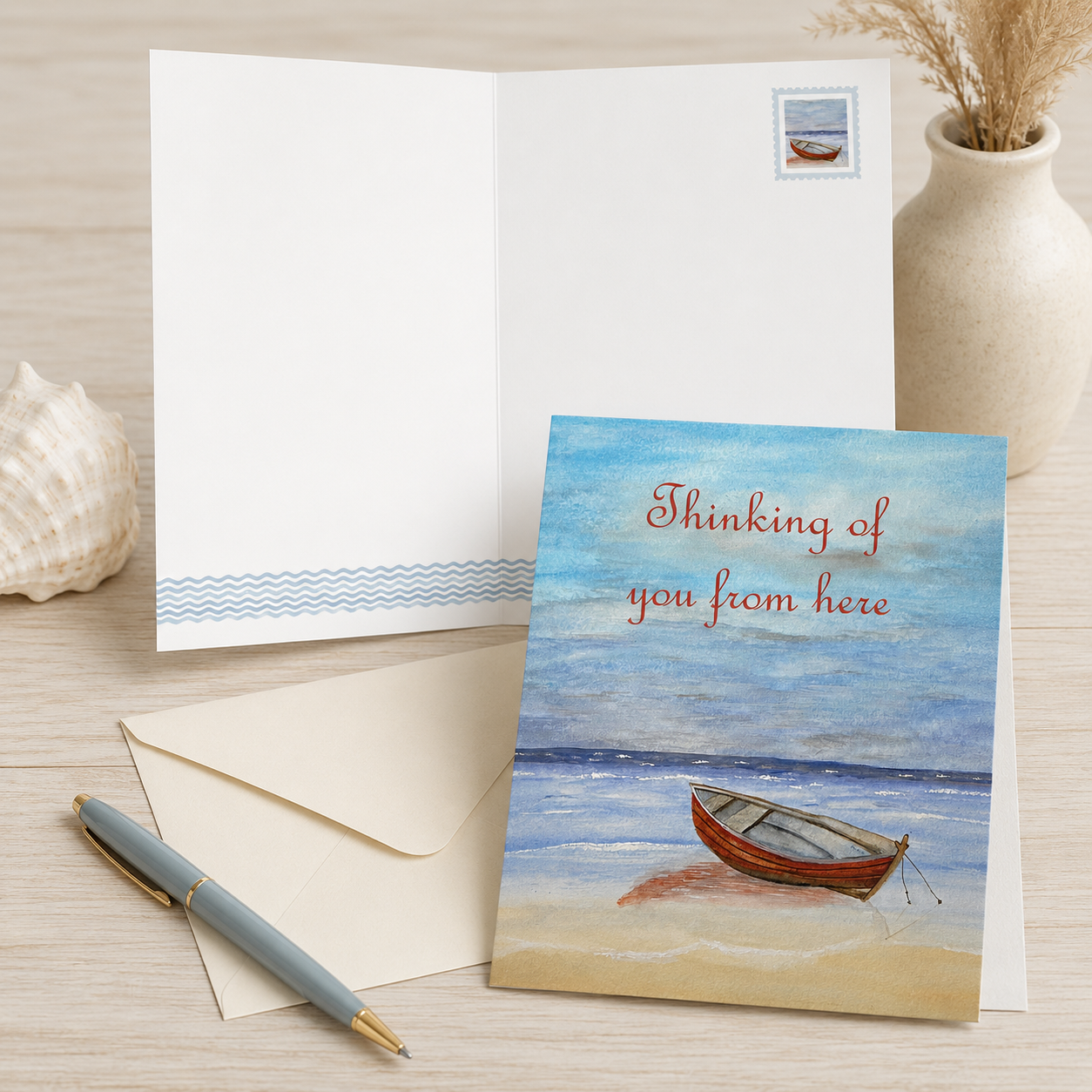 Thinking of You from Here Greeting Cards – Red Boat by the Shore, Pack of 10