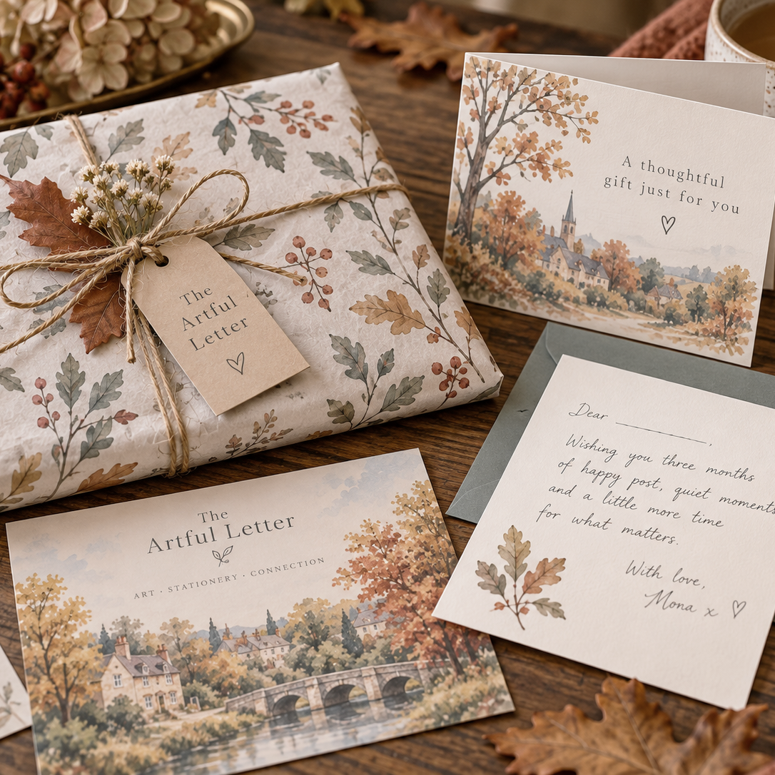 A styled flat-lay of an autumn-themed stationery set from The Artful Letter, featuring a wrapped gift box with matching patterned paper, a greeting card, a handwritten letter on a green envelope, and a printed card, arranged on a rustic wooden table with seasonal props.