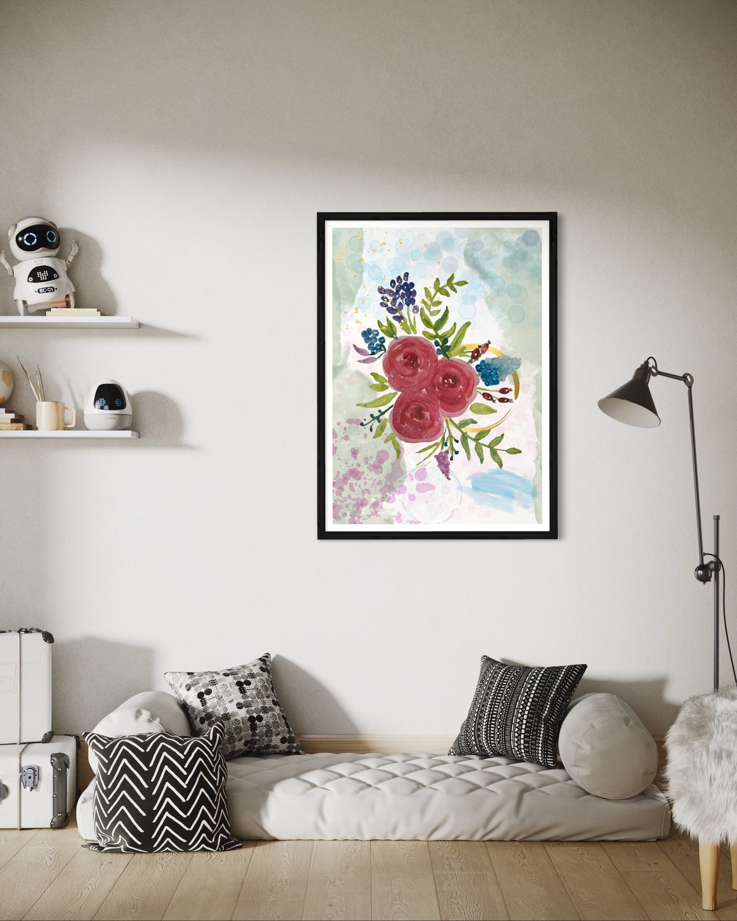 Watercolour Rose & Botanical Bouquet in Wooden Frame