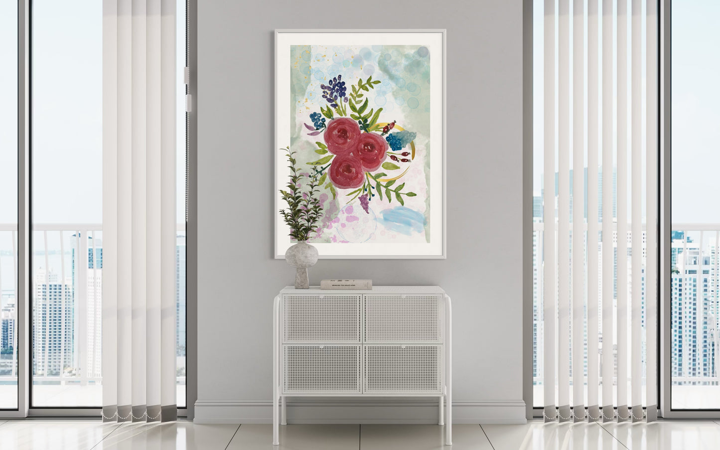 Watercolour Rose & Botanical Bouquet in Wooden Frame