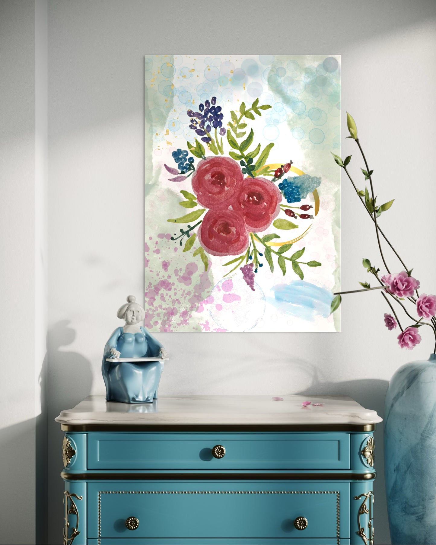Watercolour Rose & Botanical Bouquet in Wooden Frame
