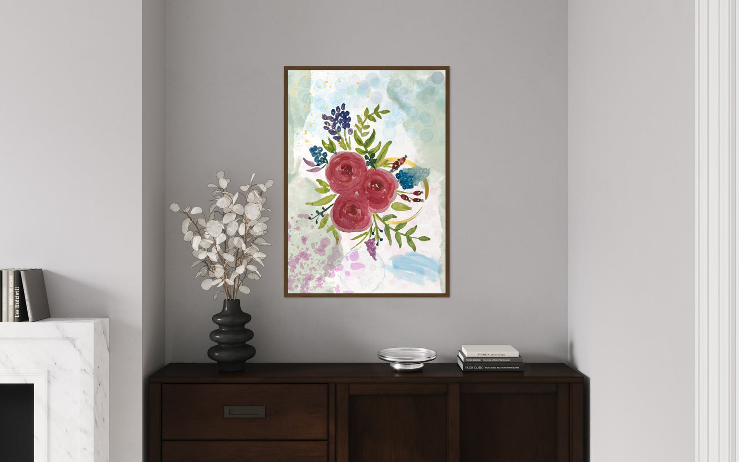 Watercolour Rose & Botanical Bouquet in Wooden Frame