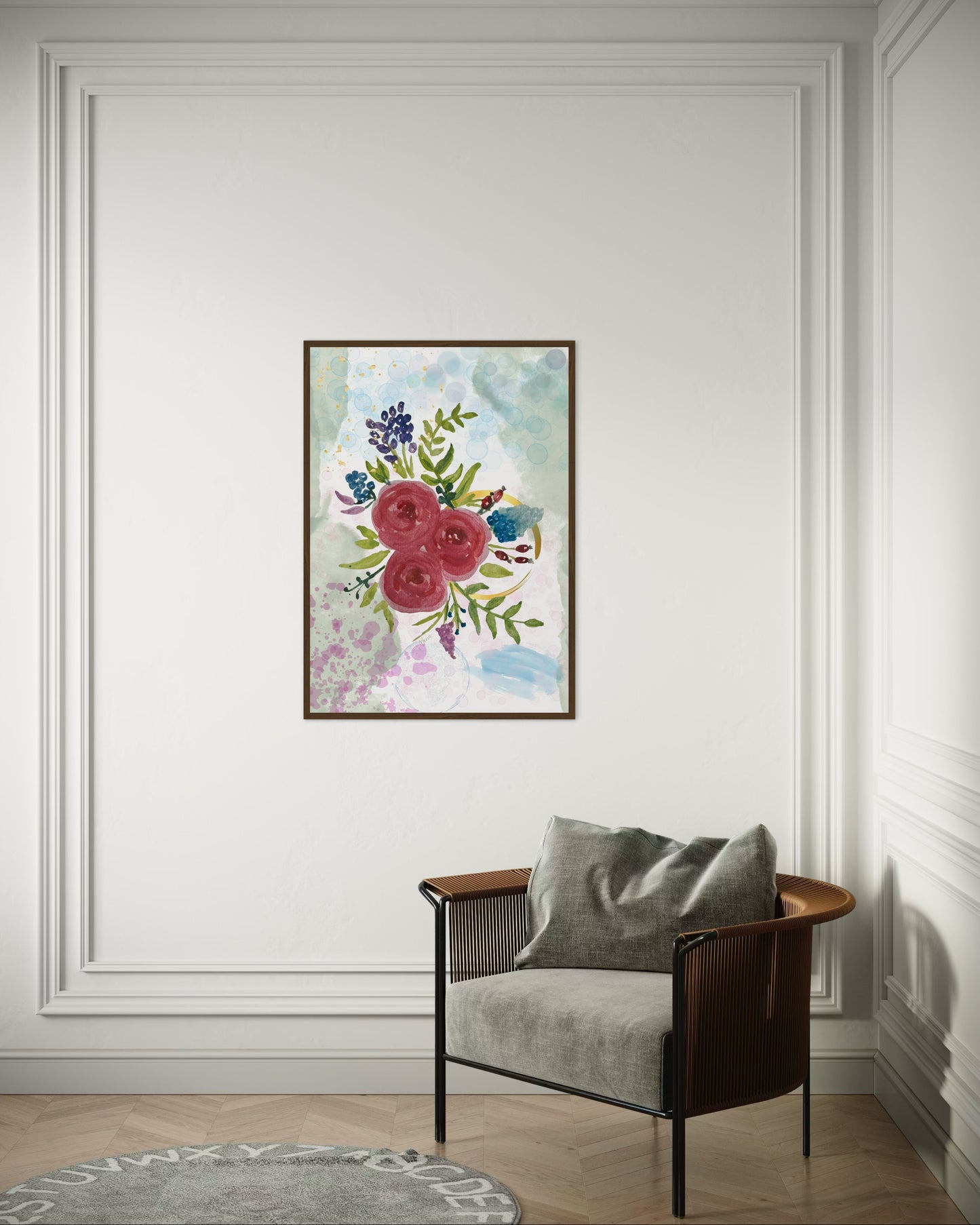 Watercolour Rose & Botanical Bouquet in Wooden Frame