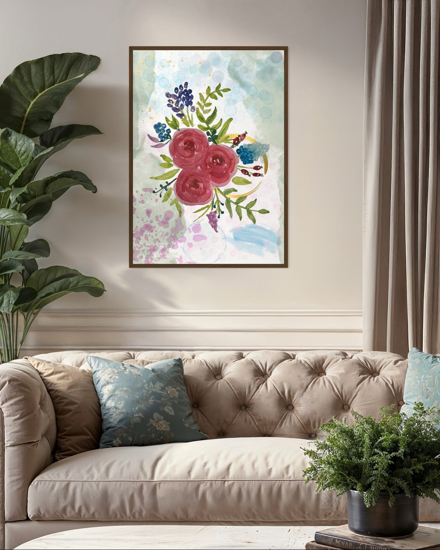 Watercolour Rose & Botanical Bouquet in Wooden Frame