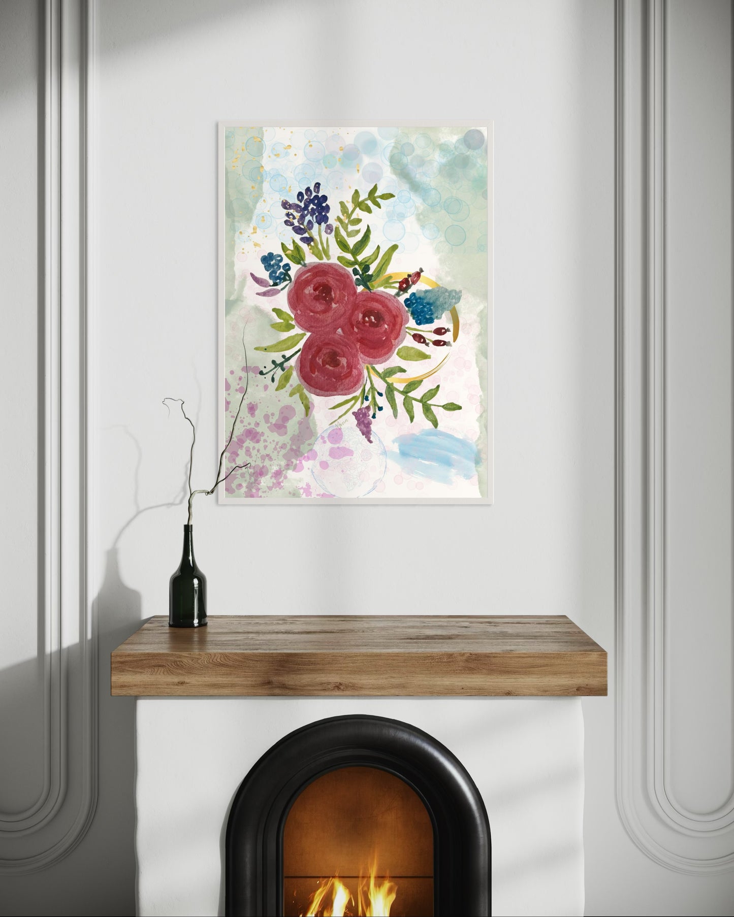 Watercolour Rose & Botanical Bouquet in Wooden Frame