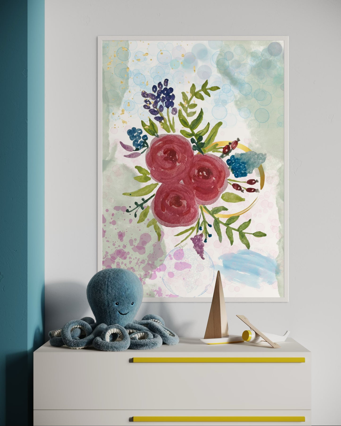Watercolour Rose & Botanical Bouquet in Wooden Frame