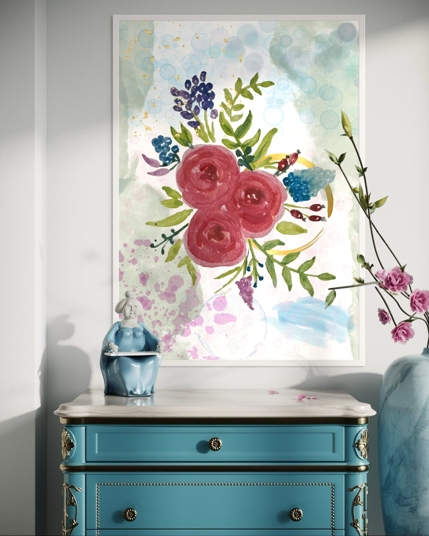Watercolour Rose & Botanical Bouquet in Wooden Frame