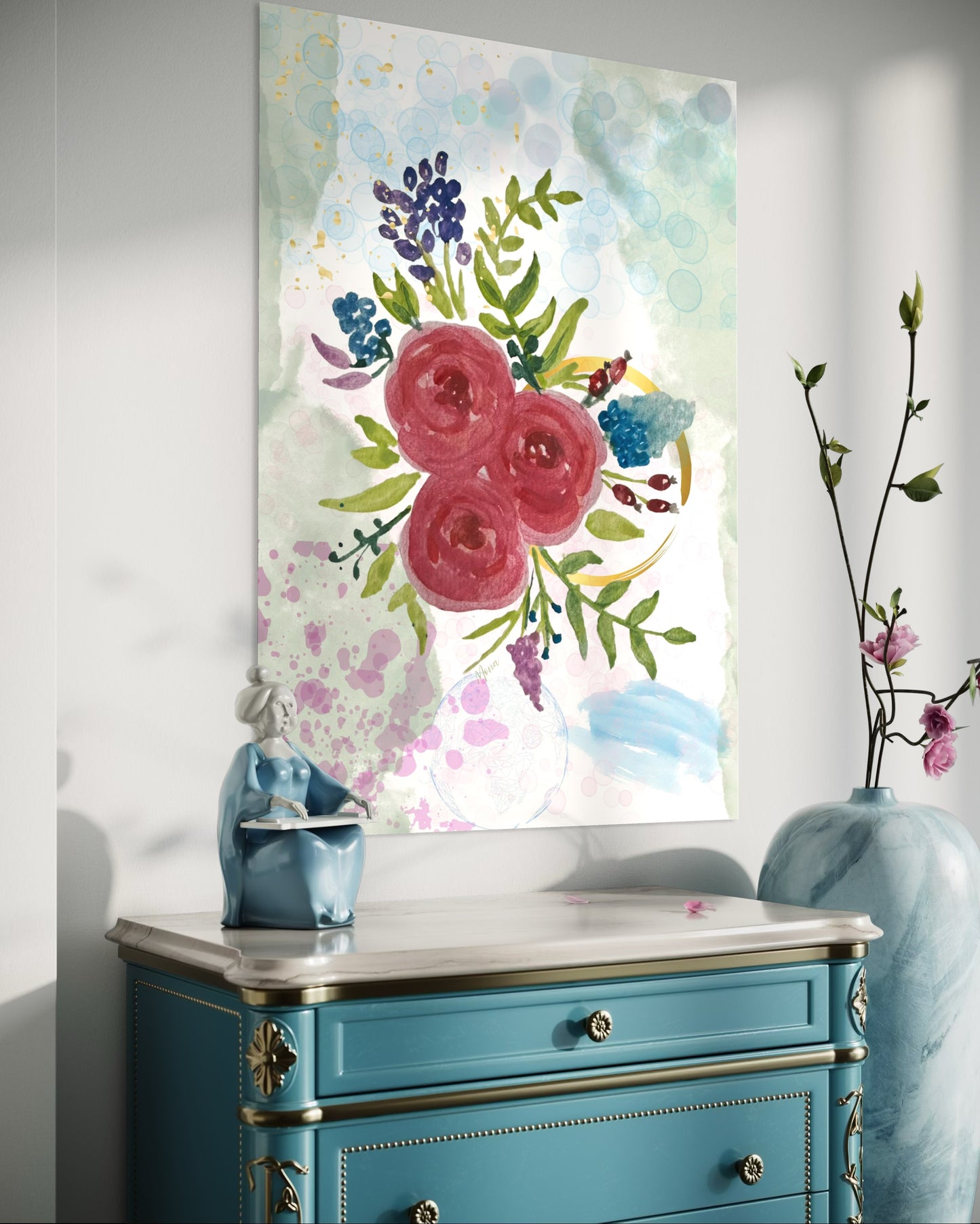 Watercolour Rose & Botanical Bouquet in Wooden Frame