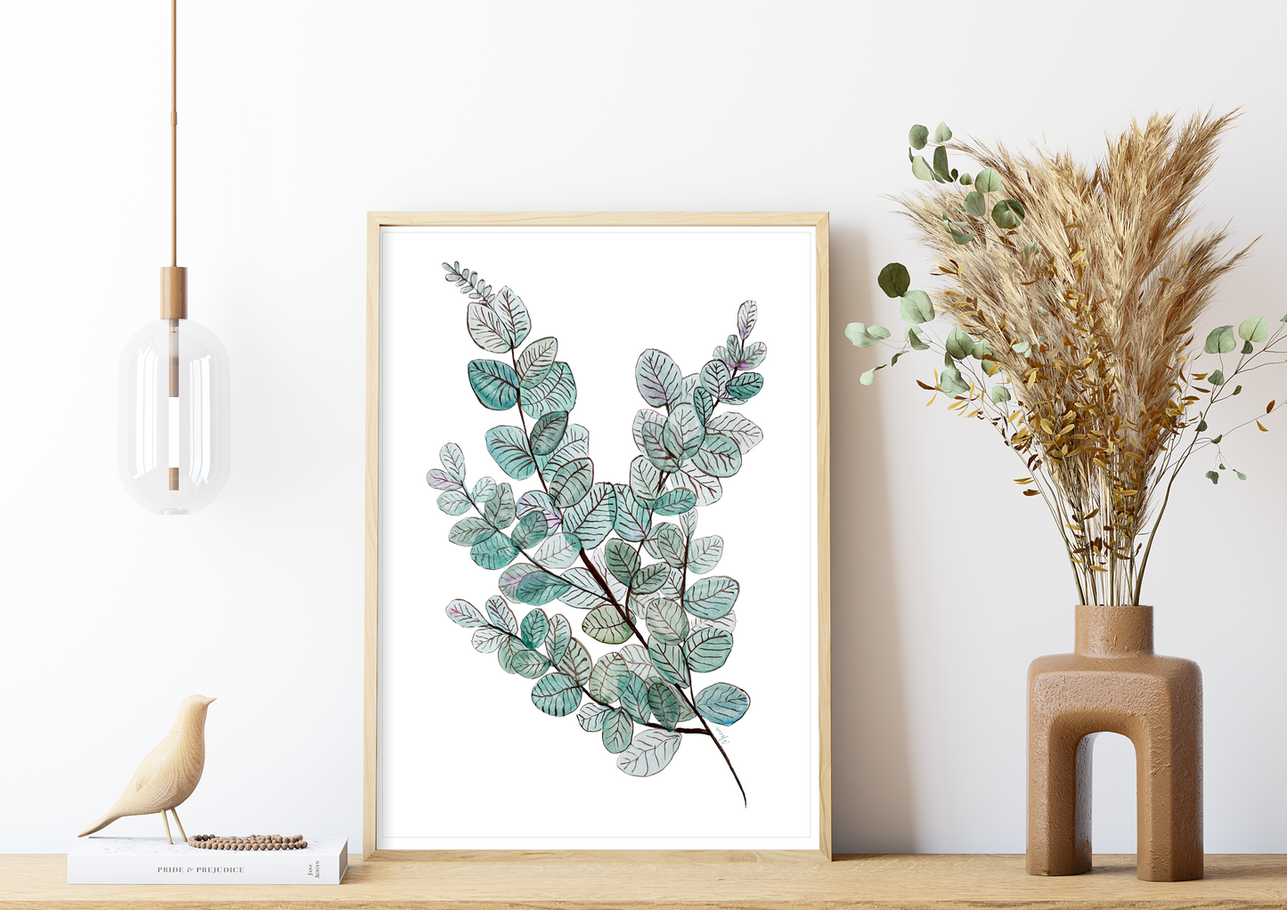 Greens and Teals Watercolour Art Print in Wooden Frame