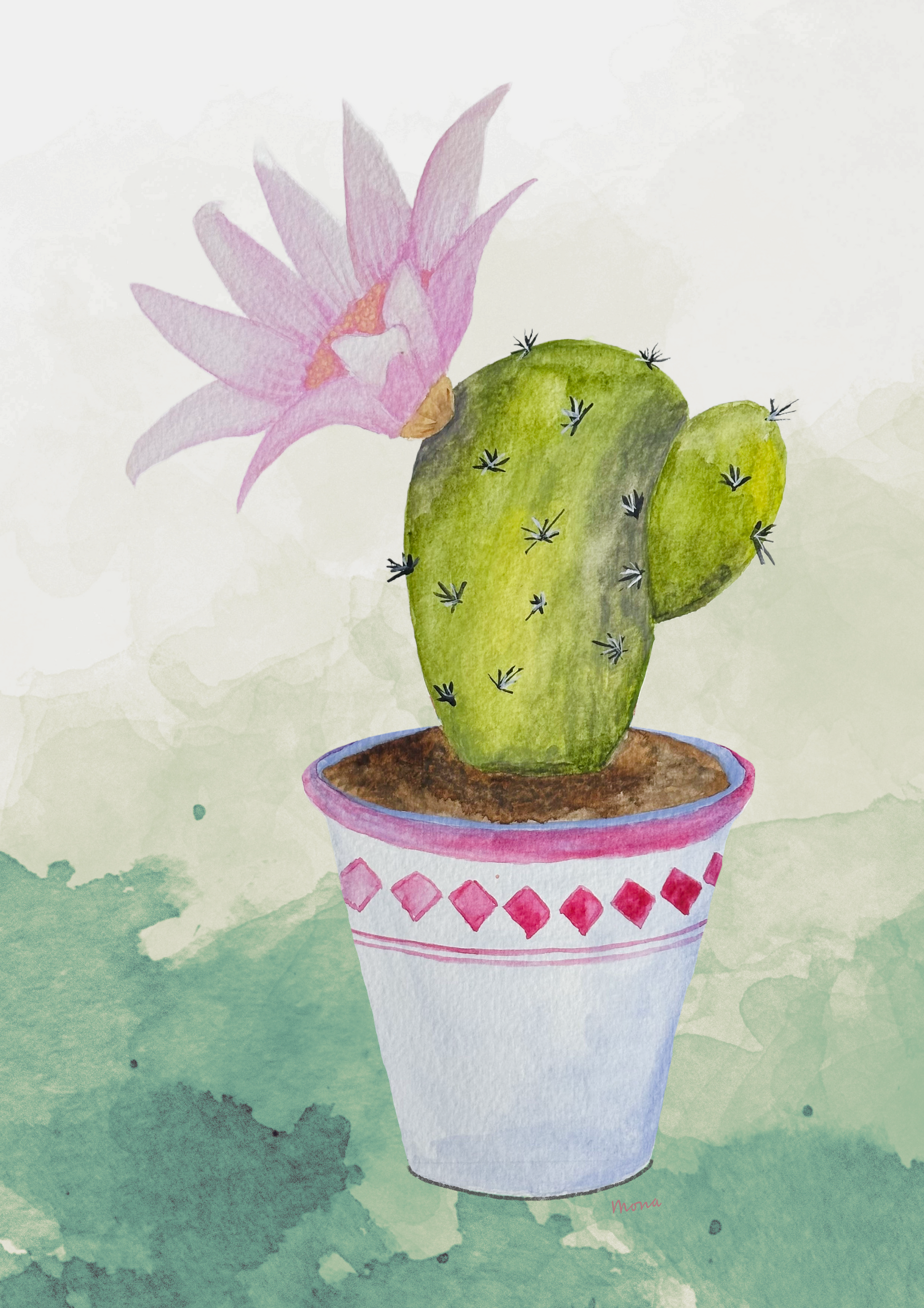Illustration of a cactus with a pink flower in a pot on a watercolor background