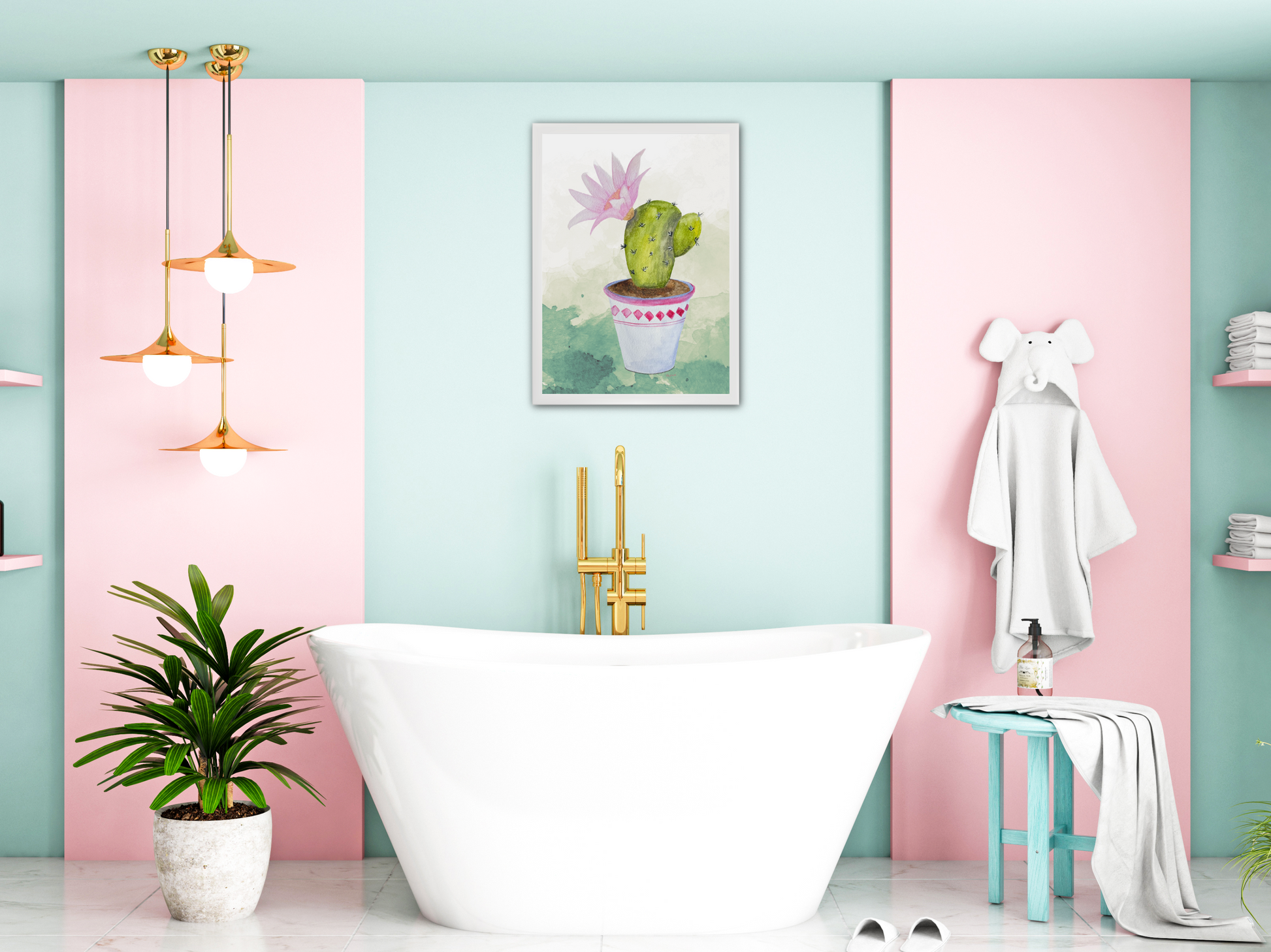 Bathroom interior with a white bathtub, plant, and decorative elements against a pastel pink and blue wall. In the centre of the blue wall is a framed print of the cactus artwork.