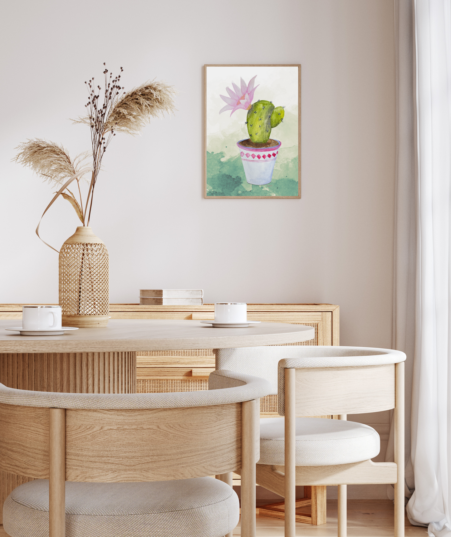 Dining room with wooden table, chairs, and a cactus painting on the wall.