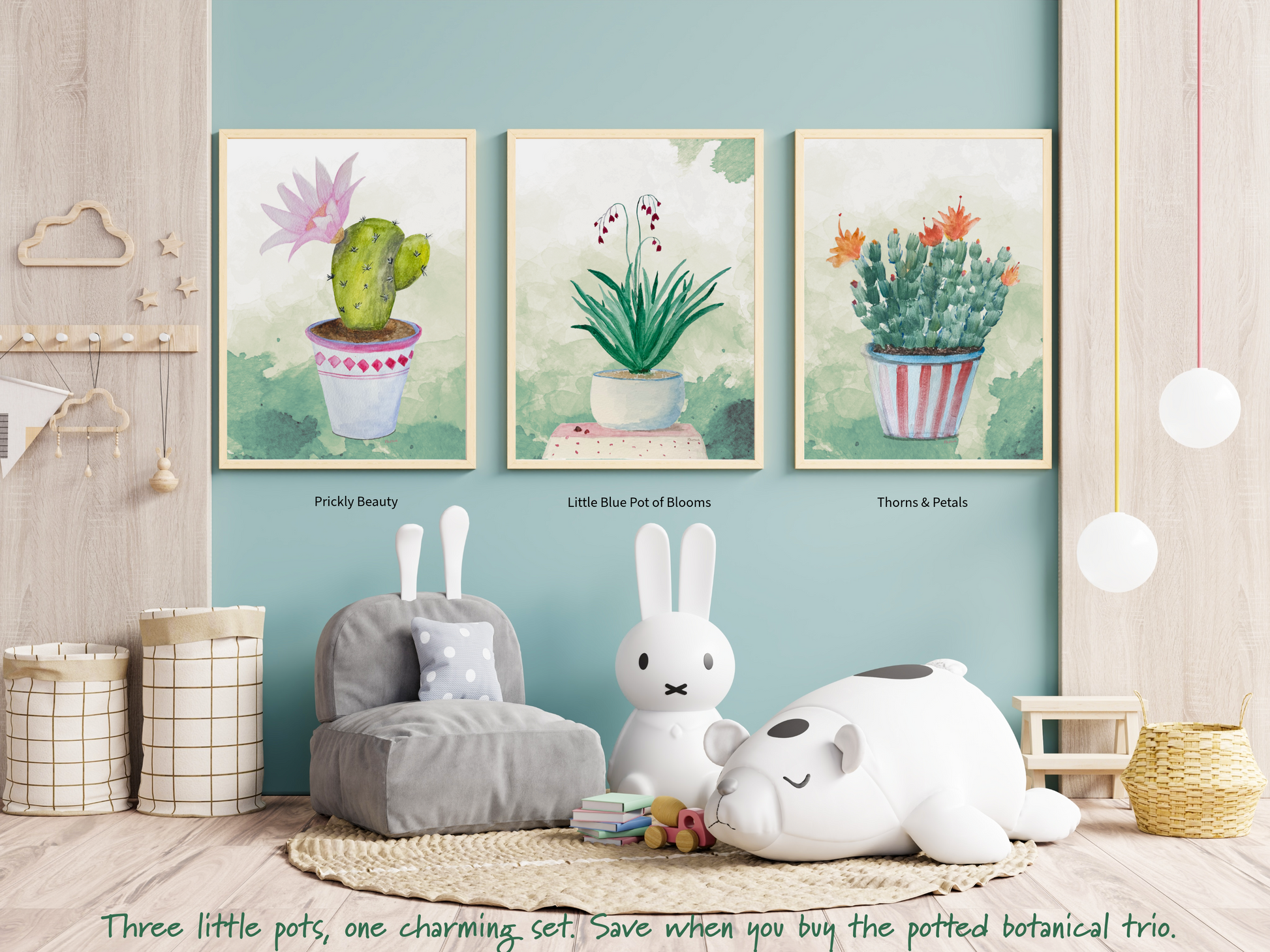 Room interior with framed potted plant art on a wall, plush toys, and decorative items.