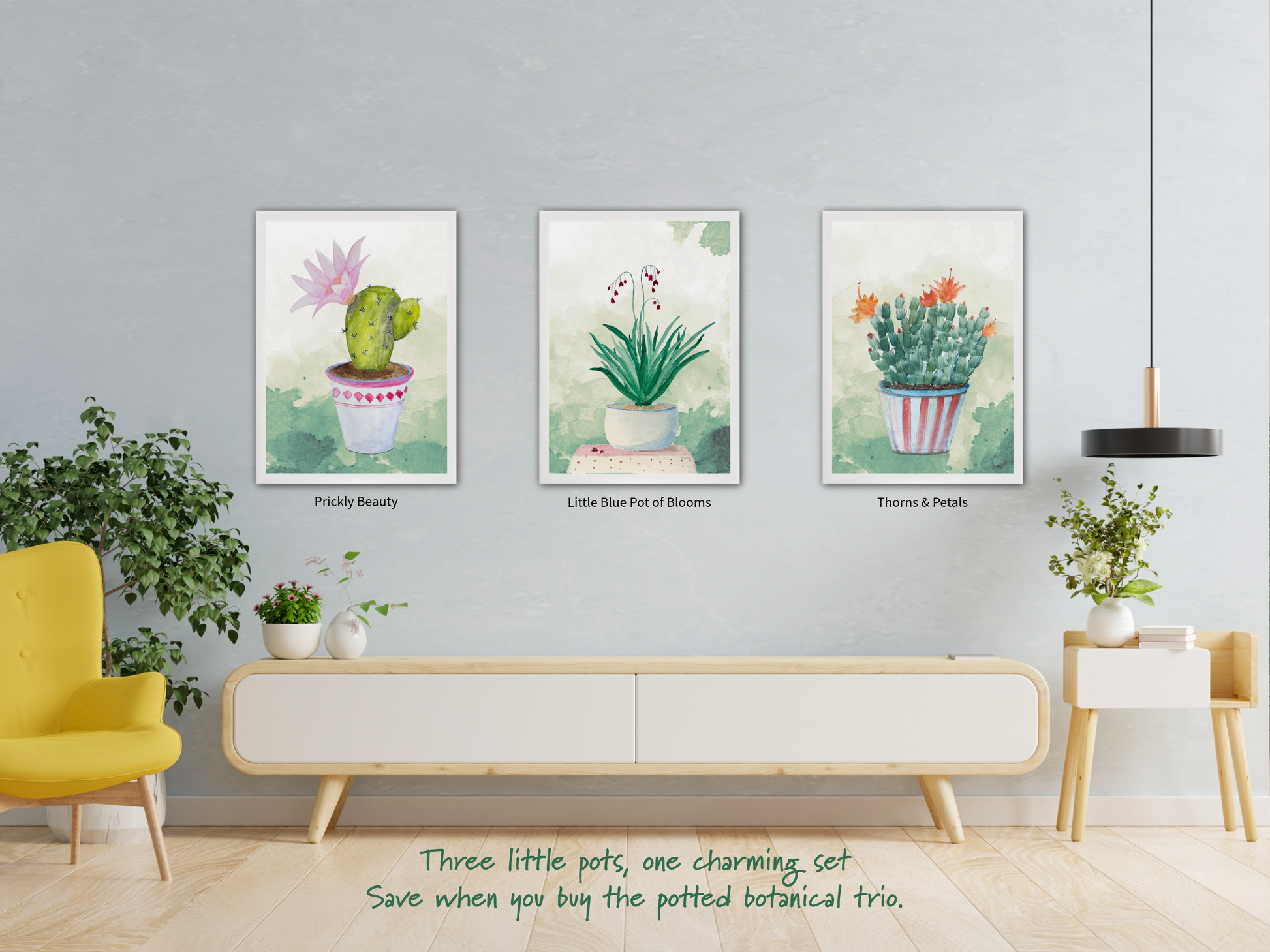 Living room with a yellow armchair, white console table, and wall art of potted plants.