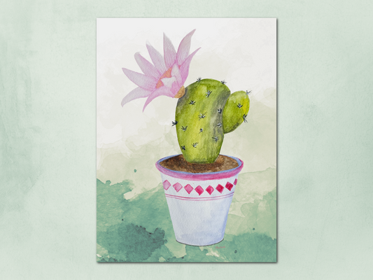Illustration of a potted cactus with a pink flower on a light green background