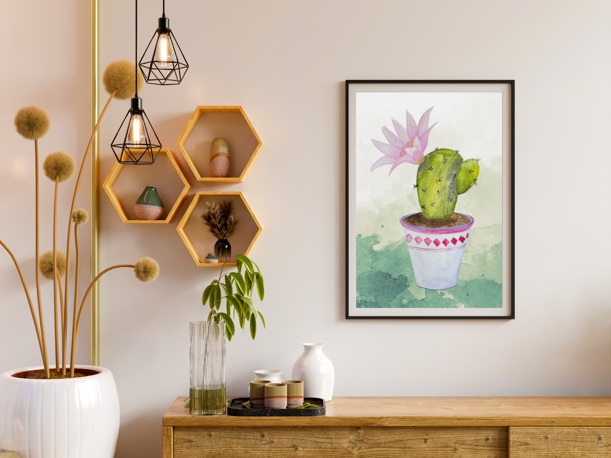 Modern interior with hexagonal shelves, a cactus painting, and decorative items.