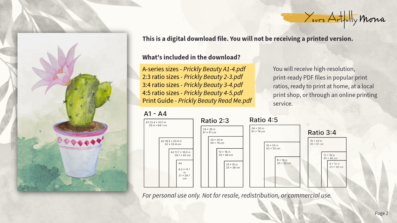 Digital download file for 'Prickly Beauty' with a cactus illustration on a gray background.
