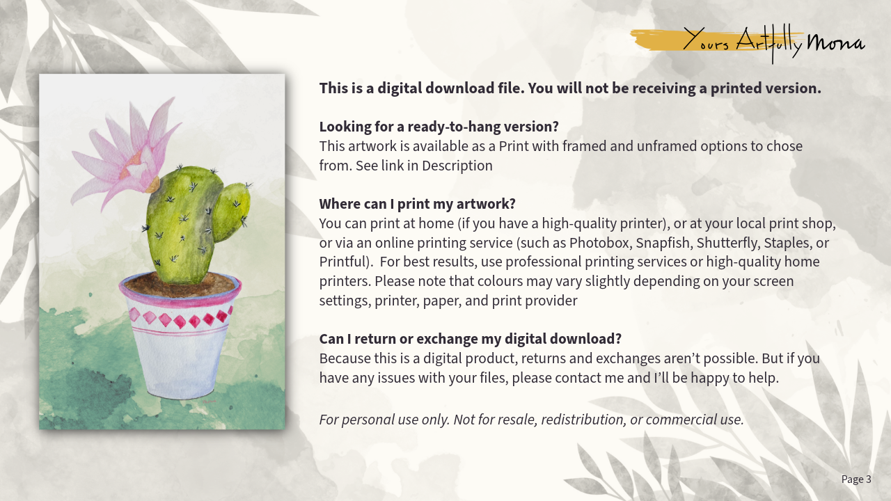 Digital artwork of a potted cactus with text about digital download and printing options.