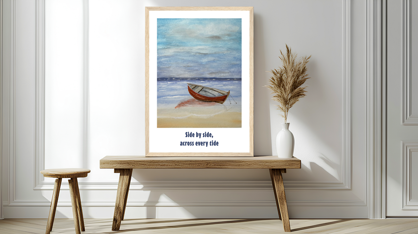 Red Boat by the Shore - Coastal Watercolour Art Print