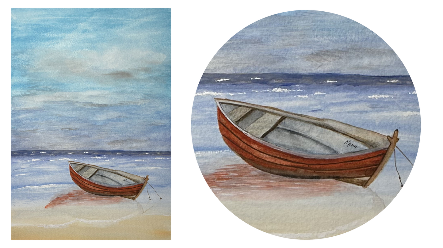 Red Boat by the Shore - Coastal Watercolour Art Print