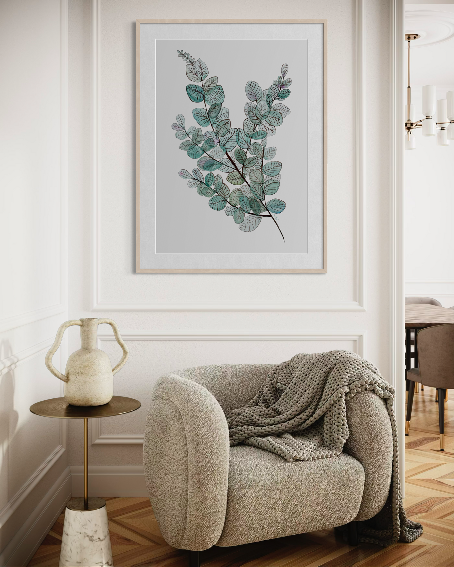 Greens and Teals Watercolour Art Print in Wooden Frame